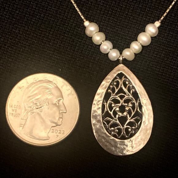 PAZ Sterling Silver & Freshwater Pearl Hammered & Scrolling Necklace in Israel - Picture 4 of 12